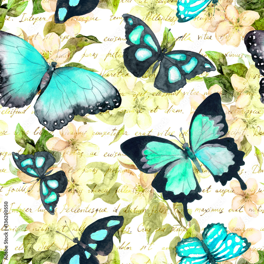 © zzorik - Flowers, butterflies, hand written text note. Watercolor. Seamless pattern © zzorik - Flowers, butterflies, hand written text note. Watercolor. Seamless pattern