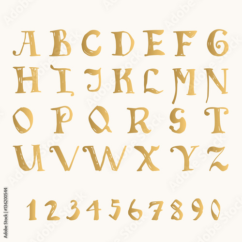 Hand drawn fairy tale font isolated on background. Golden script letters for design. Vector ink alphabet.