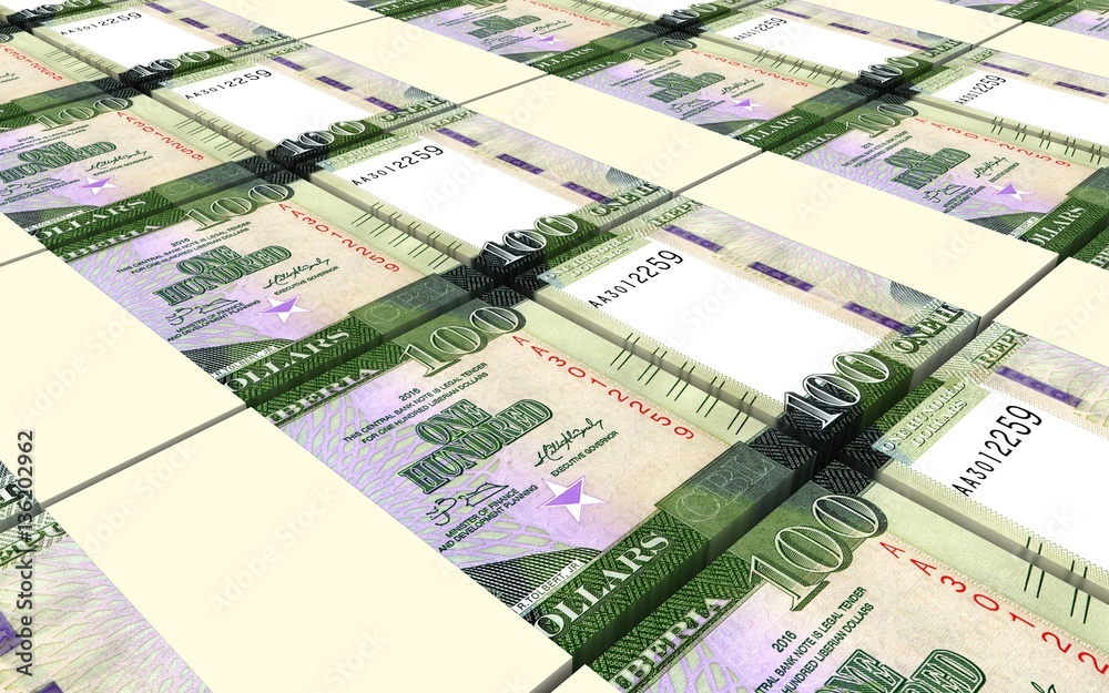 Liberian dollar bills stacks background. 3D illustration.