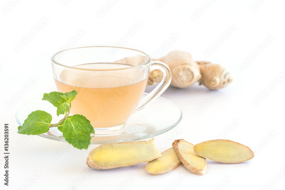 Hot Ginger tea concept on white background with copy space Hot Ginger tea concept on white background with copy space