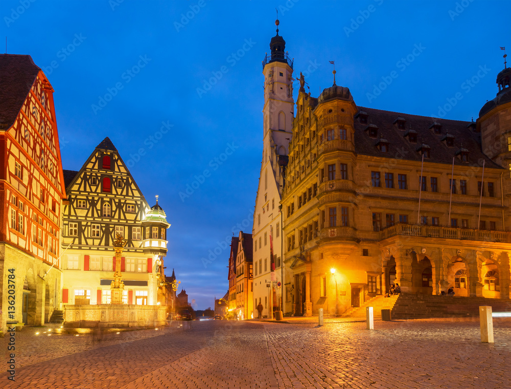 Market square with city hall in Rothenburg ob der Tauber at night, Germany