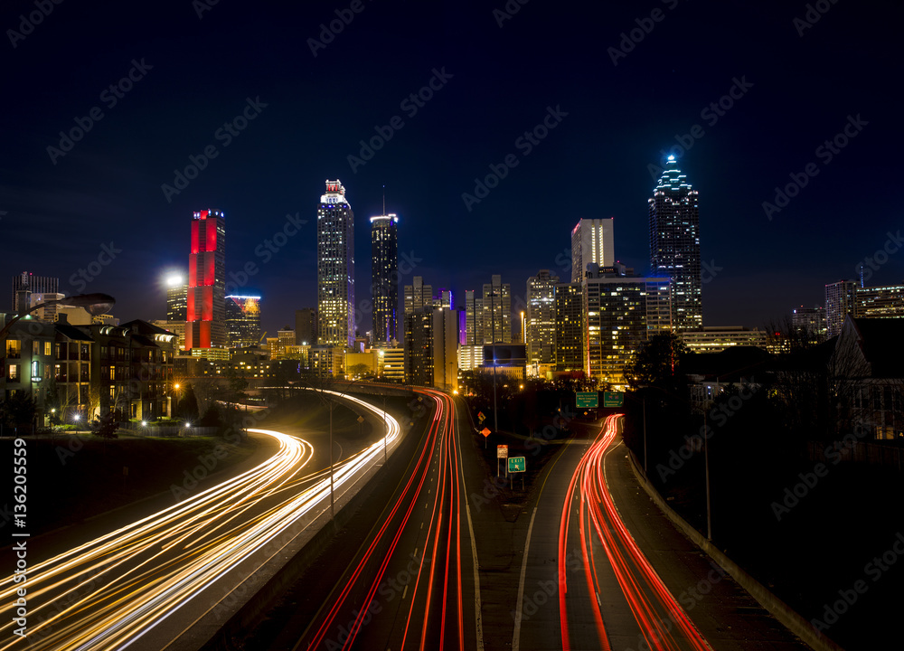 Traffic flowing into Atlanta at night