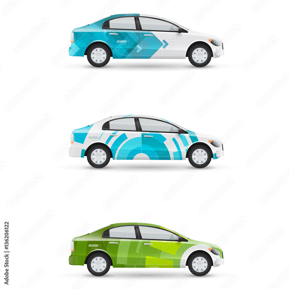 Mockup of white passenger car. Set of design templates for transport. Branding for advertising, business and corporate identity.