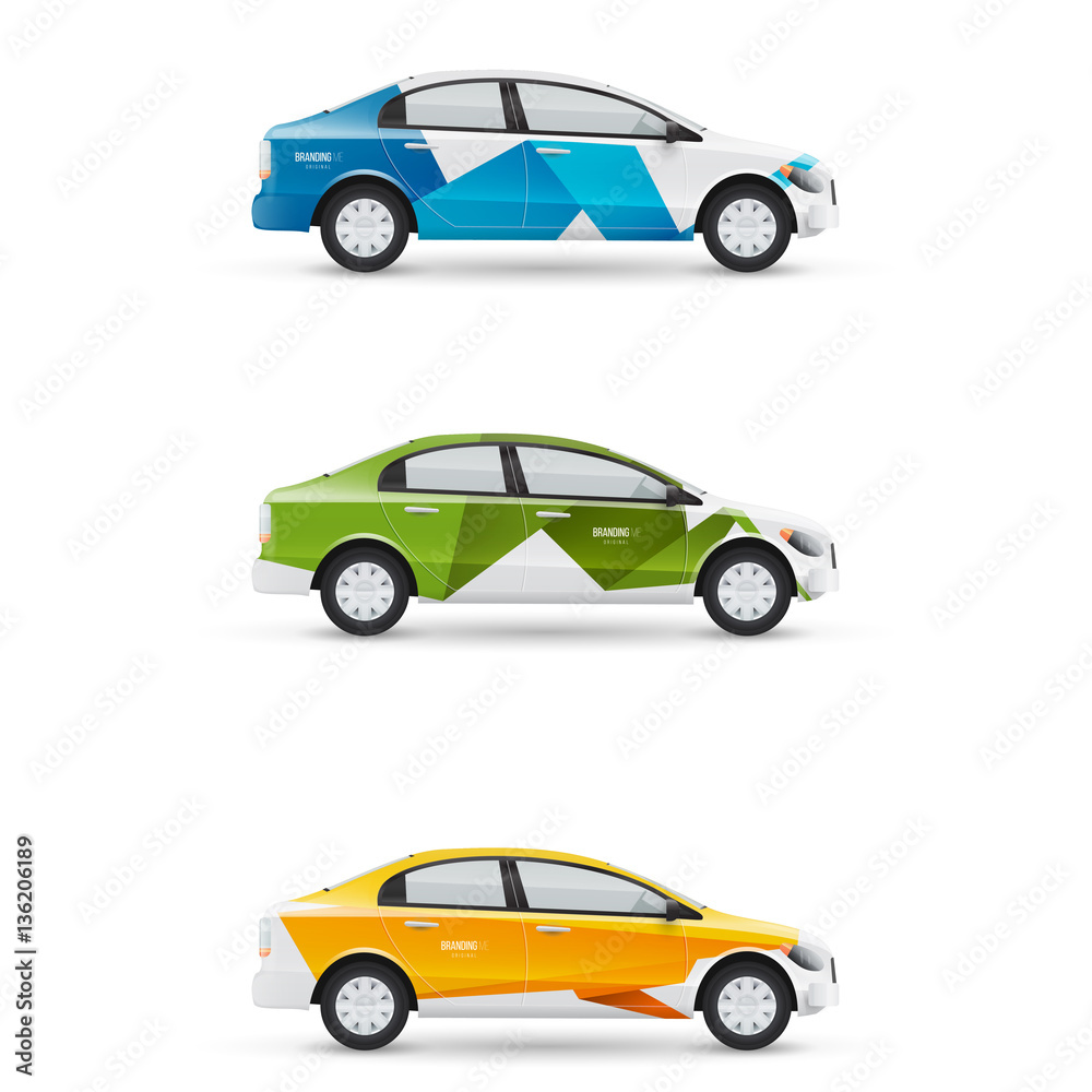 Mockup of white passenger car. Set of design templates for transport. Branding for advertising, business and corporate identity. Mockup of white passenger car. Set of design templates for transport. Branding for advertising, business and corporate identity.