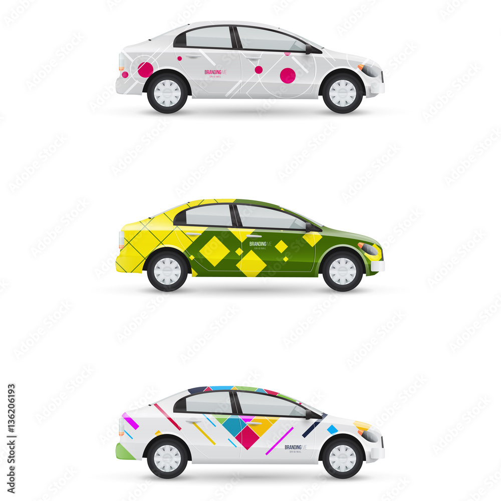 Naklejka premium Mockup of white passenger car. Set of design templates for transport. Branding for advertising, business and corporate identity.