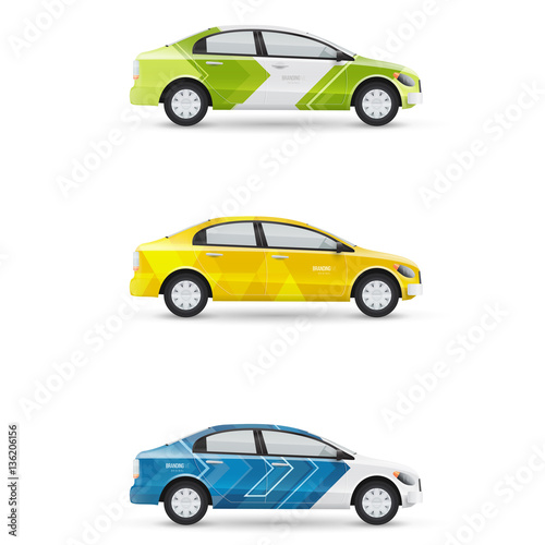 Mockup of white passenger car. Set of design templates for transport. Branding for advertising  business and corporate identity.