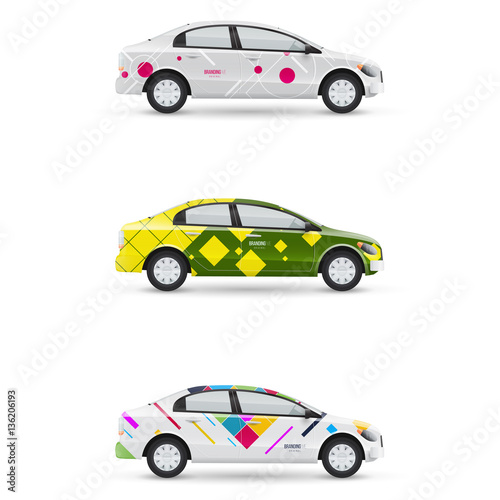 Mockup of white passenger car. Set of design templates for transport. Branding for advertising, business and corporate identity.