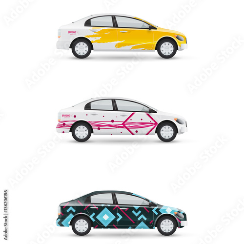 Mockup of white passenger car. Set of design templates for transport. Branding for advertising, business and corporate identity.