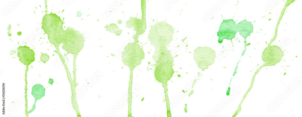 Fototapeta premium Green watercolor splashes and blots on white background. Ink painting. Hand drawn illustration. Abstract watercolor artwork.