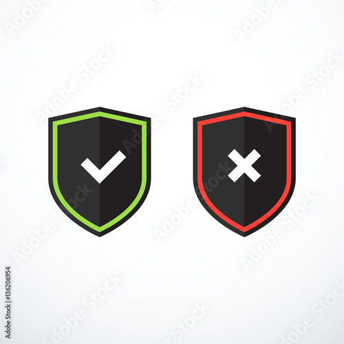 Set of shield icons. Tick and cross