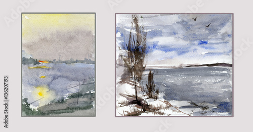 Set of two landscapes. River banks in different seasons. Watercolor painting. Hand drawn. Can be used for greeting cards, as a nature background.