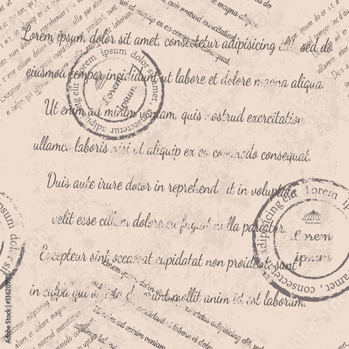 Textile design, wallpaper, faded text, stamps seamless pattern on beige background