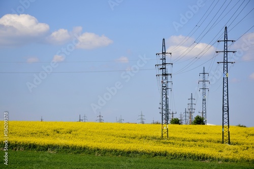 Electrical poles with a green field and cloudy sky