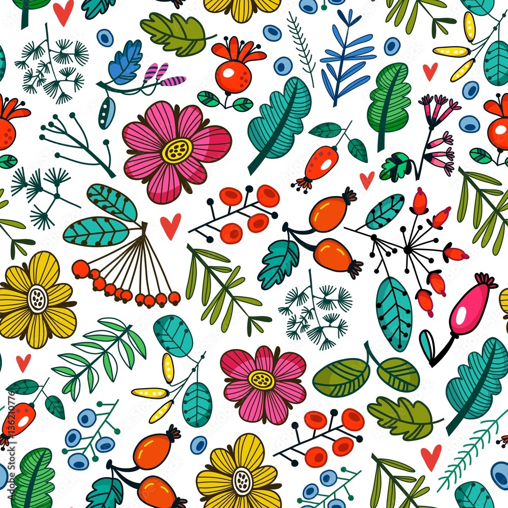 Bright vector seamless pattern of berries and plants