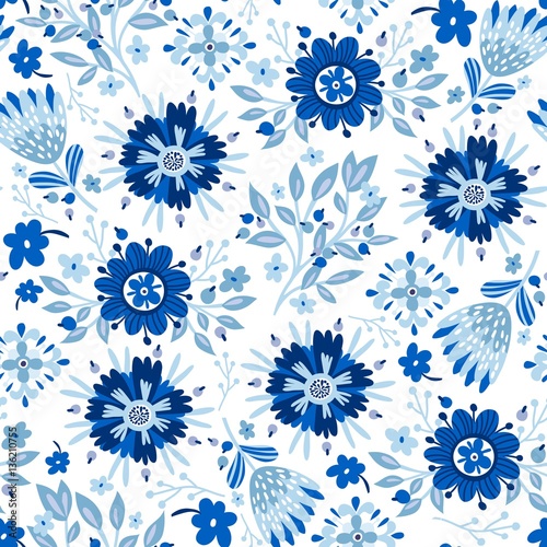 Vector seamless pattern of stylish blue flowers.
