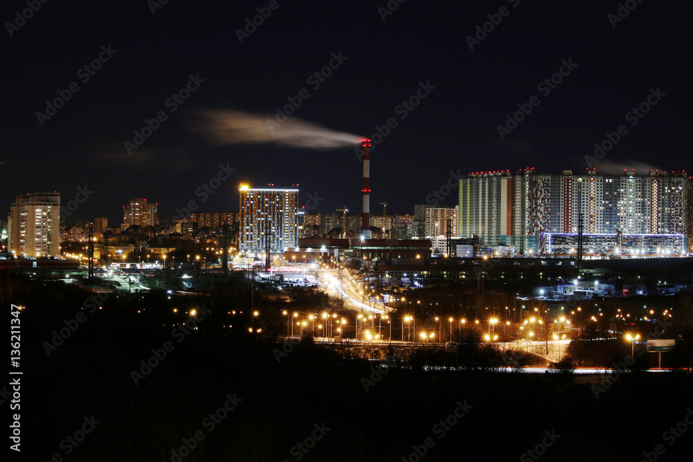 Night view of the industrial district of the city
