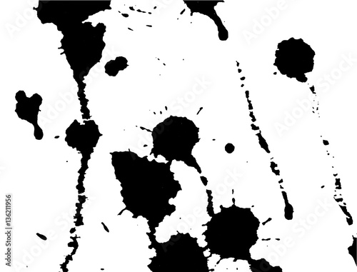 Ink splash, stains and strokes. Paint splatter. Black blots on white. Splatter Background. Vector illustration. Abstract background. Grunge template. 