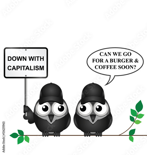 Comical anti capitalism protestors demonstrating perched on a tree branch
