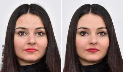Beautiful young woman before and after applying make-up and hairstyling