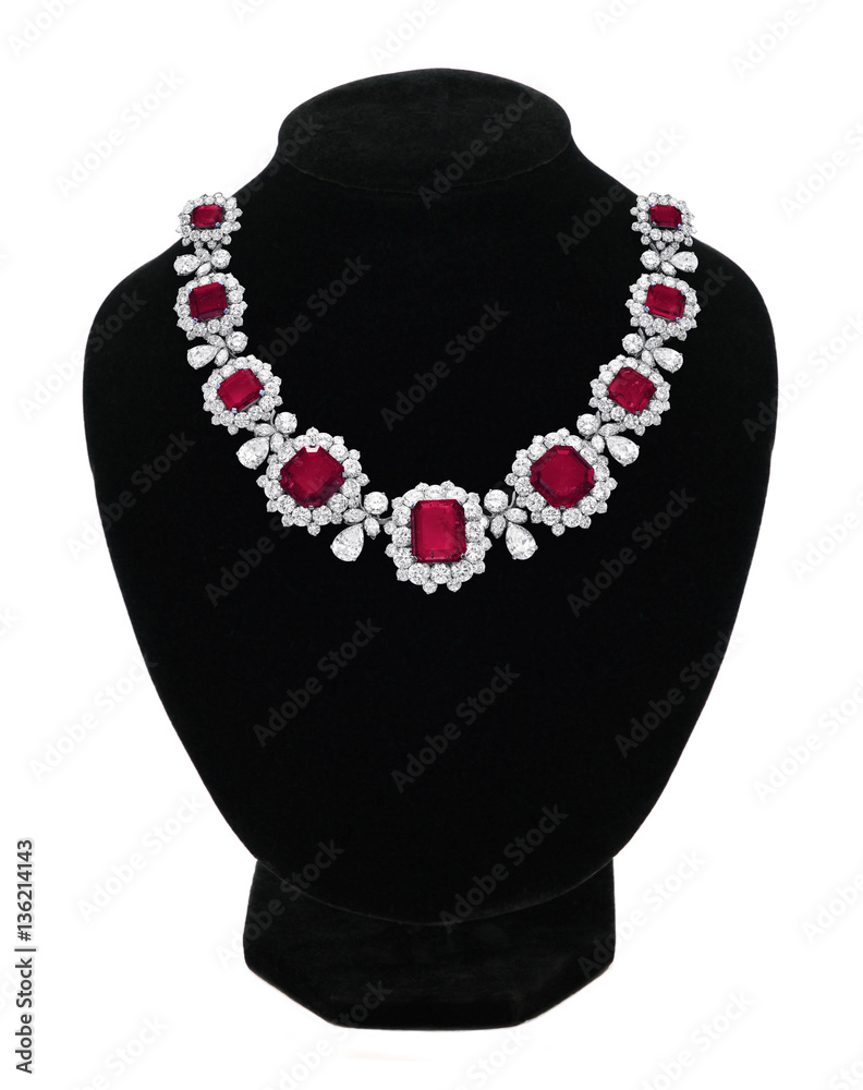 Pendant with red gem stones on black mannequin isolated on white Pendant with red gem stones on black mannequin isolated on white