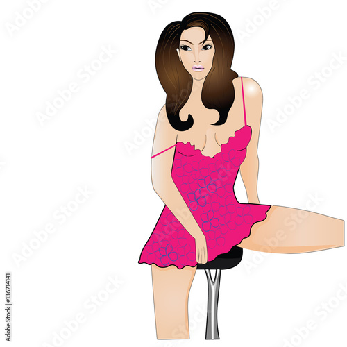 Girl in a pink nightgown sitting on a bar stool