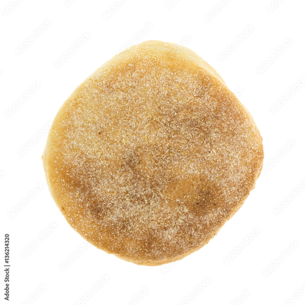 Top view of a freshly baked English muffin isolated on a white background. Top view of a freshly baked English muffin isolated on a white background.