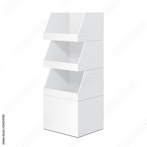Cardboard Floor Display Rack For Supermarket. Blank Empty With Shelves Mock Up. Illustration Isolated On White Background. Ready For Your Design. Product Advertising. Vector