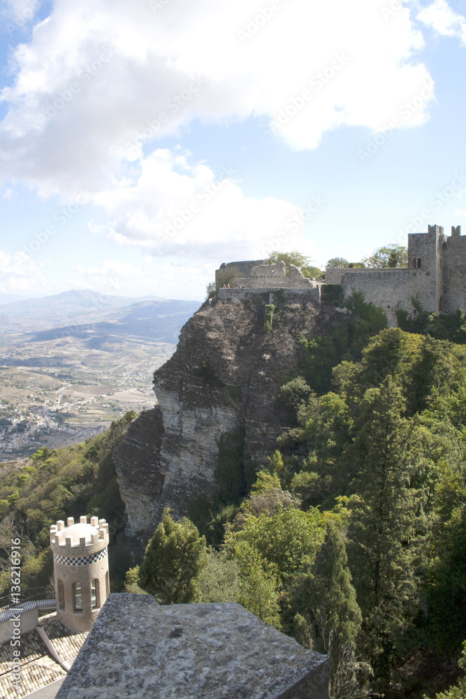 Castle of Veneri (Castelo di Veneri), in the town of Erice, Sicily, Italy overlooking the mountains, woods and town below