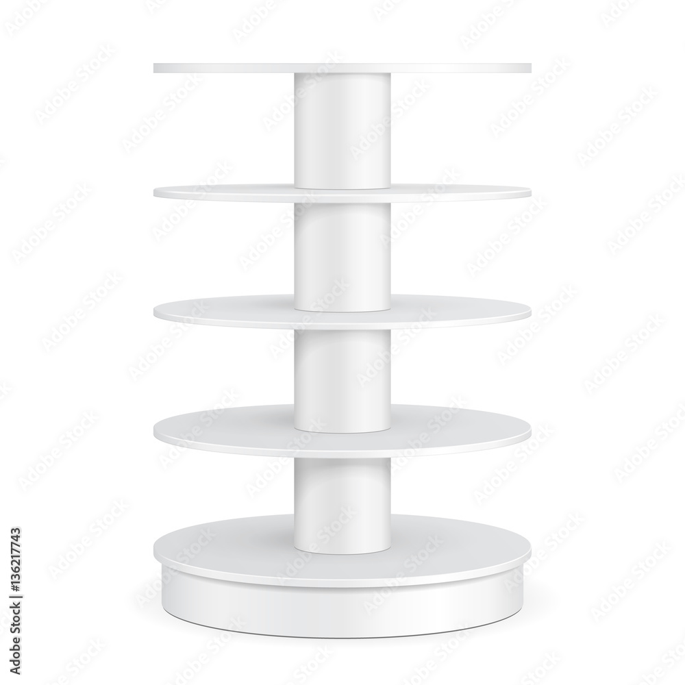 Round Cardboard Floor Display Rack For Supermarket Blank Empty Displays With Shelves Products On White Background Isolated. Ready For Your Design. Product Packing. Vector EPS10 Round Cardboard Floor Display Rack For Supermarket Blank Empty Displays With Shelves Products On White Background Isolated. Ready For Your Design. Product Packing. Vector EPS10