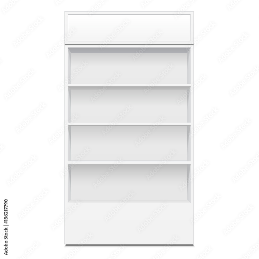 Blank Empty Showcase Display With Retail Shelves. 3D. Front View. Mock Up, Template. Illustration Isolated On White Background. Ready For Your Design. Product Advertising. Vector EPS10 Blank Empty Showcase Display With Retail Shelves. 3D. Front View. Mock Up, Template. Illustration Isolated On White Background. Ready For Your Design. Product Advertising. Vector EPS10