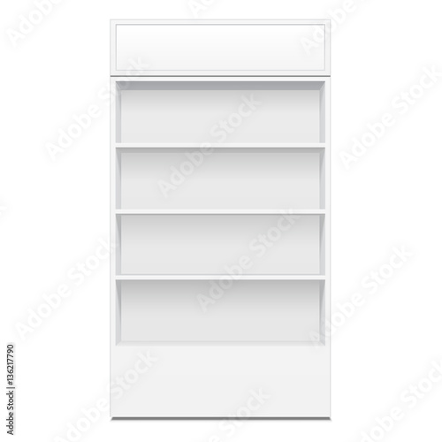 Fototapeta Naklejka Na Ścianę i Meble -  Blank Empty Showcase Display With Retail Shelves. 3D. Front View. Mock Up, Template. Illustration Isolated On White Background. Ready For Your Design. Product Advertising. Vector EPS10