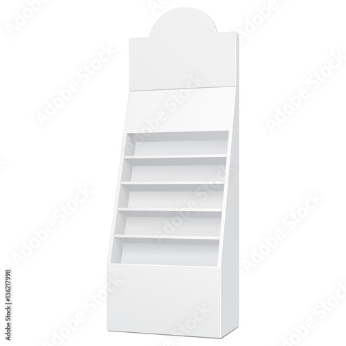 Cardboard Floor Display Rack For Supermarket Blank Empty Displays With Shelves Mock Up. Illustration Isolated On White Background. Ready For Your Design. Product Presentation. Vector