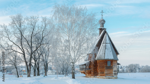 Wooden Church of St. Nicholas in Suzdal frosty winter morning