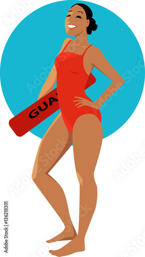 Young woman in a red swimsuit holding a swimming board with a word Lifeguard on it, EPS 8 vector illustration