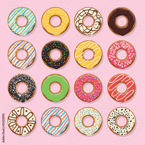 vector flat style icons of glazed colorful donuts