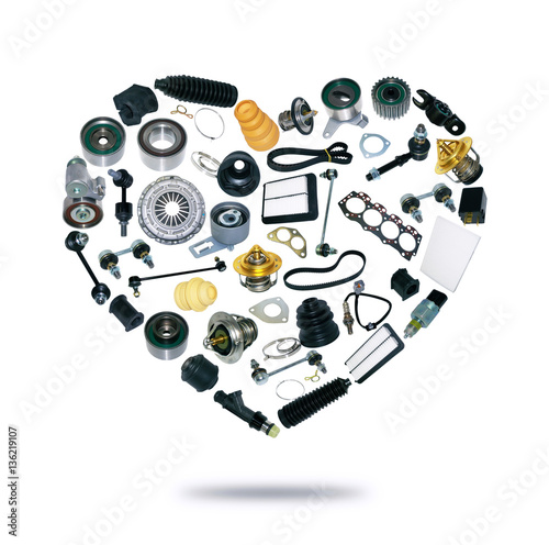 Heart spare auto parts for car on white background. Set with many isolated items for shop or aftermarket, OEM