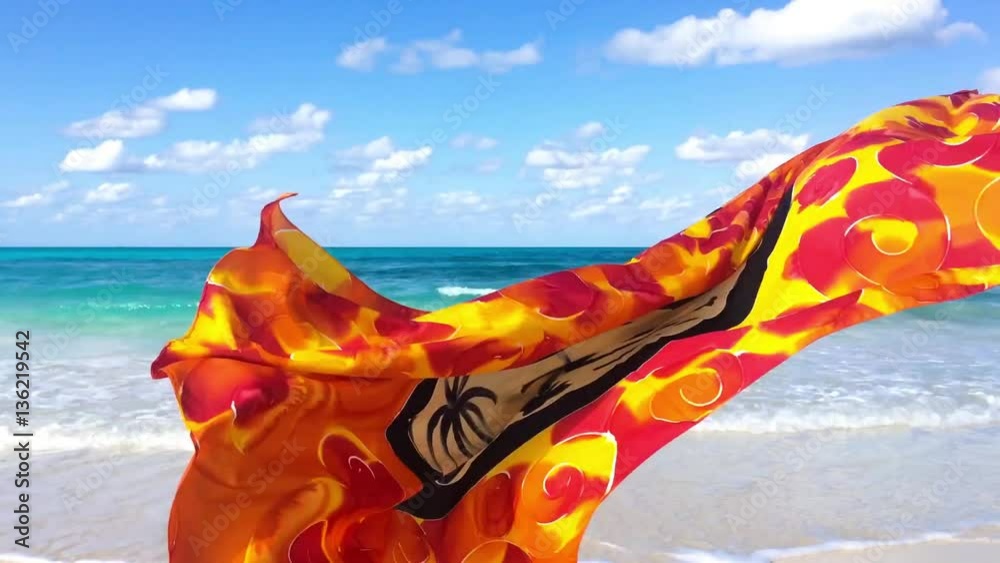 On the empty beach with silk scarf