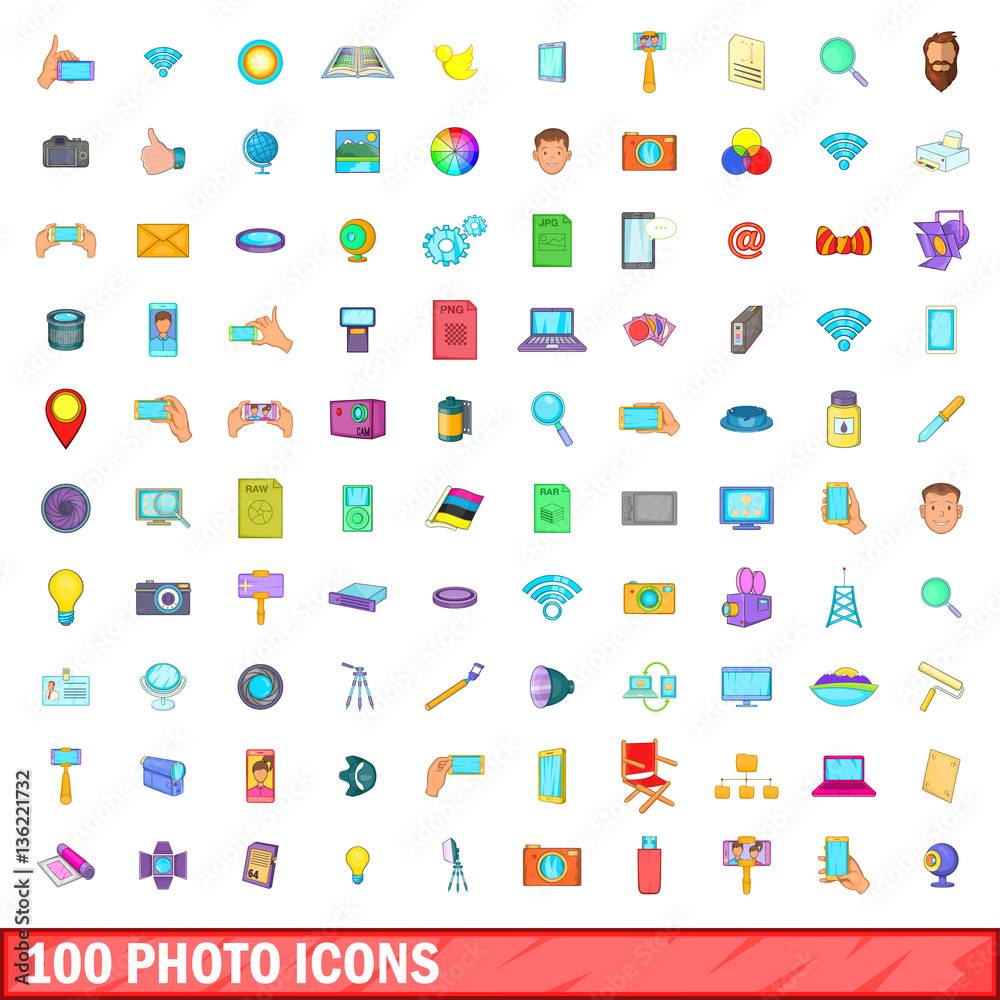 100 photo icons set, cartoon style 100 photo icons set, cartoon style