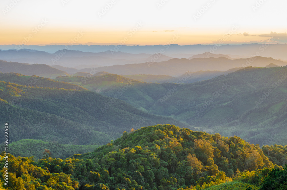 Fototapeta premium Beautiful mountain view, layer of mountain with sunset, view point at Khun Yuam Mae hong son Thialand