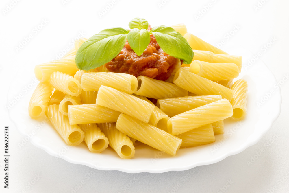 dish with macaroni and tomato sauce,isolated on white background dish with macaroni and tomato sauce,isolated on white background