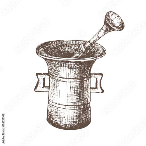 Mortar. Black and white sketch / Vector illustration with sketch mortar. Sketch of kitchen utensils in vintage style. Vector illustration. Hand drawn sketch. Black and white sketch.