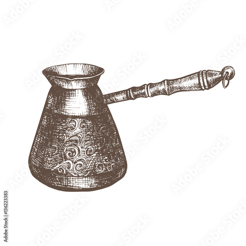 Turkish coffee. Black and white sketch. /Vector illustration with sketch turkish coffee pot. Sketch of kitchen utensils in vintage style. Vector illustration. Hand drawn sketch.