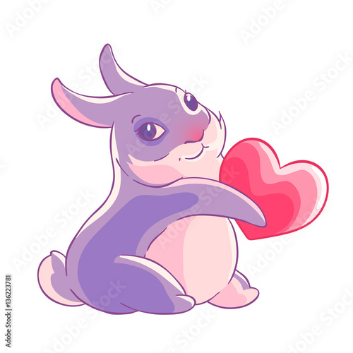 Valentine's day. Purple Bunny holding a heart in his paws. Vector illustration