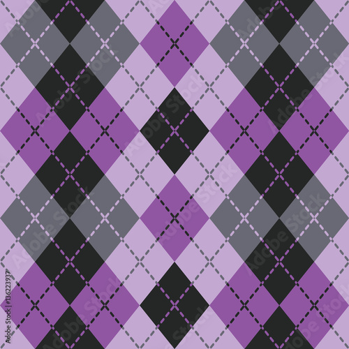 Dashed Argyle pattern in purple and black repeats seamlessly.