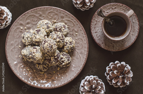 Chocolate truffles with blue cheese in nuts