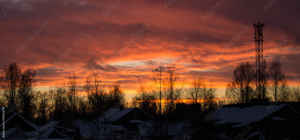unusual sky with beautiful clouds at sunset winter day