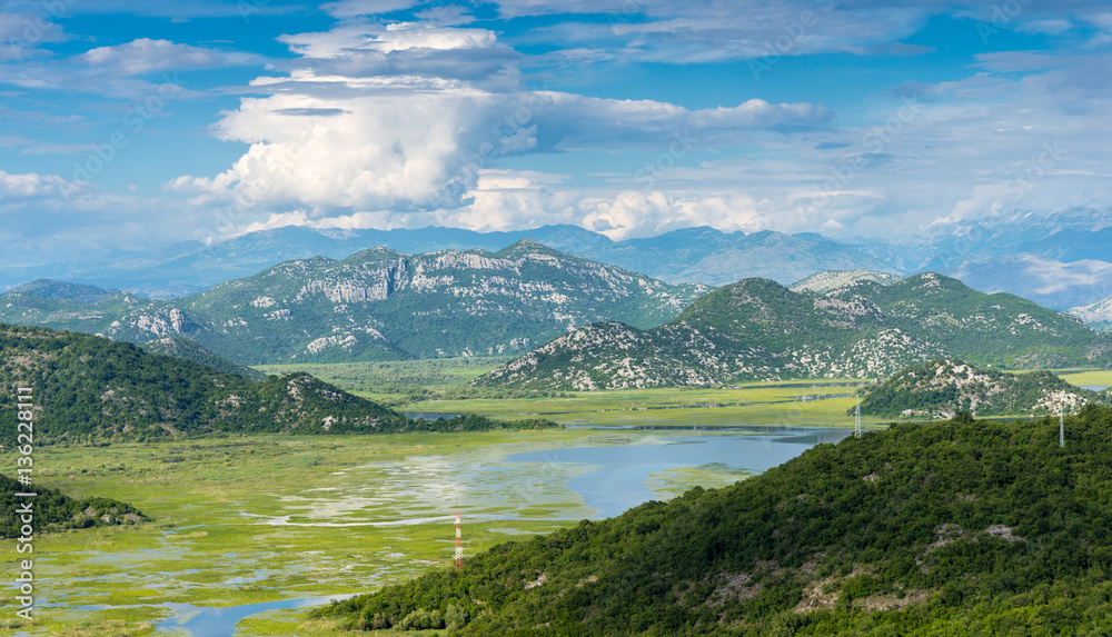 Beautiful view Skadar (Skoder) lake among the mountains. This se