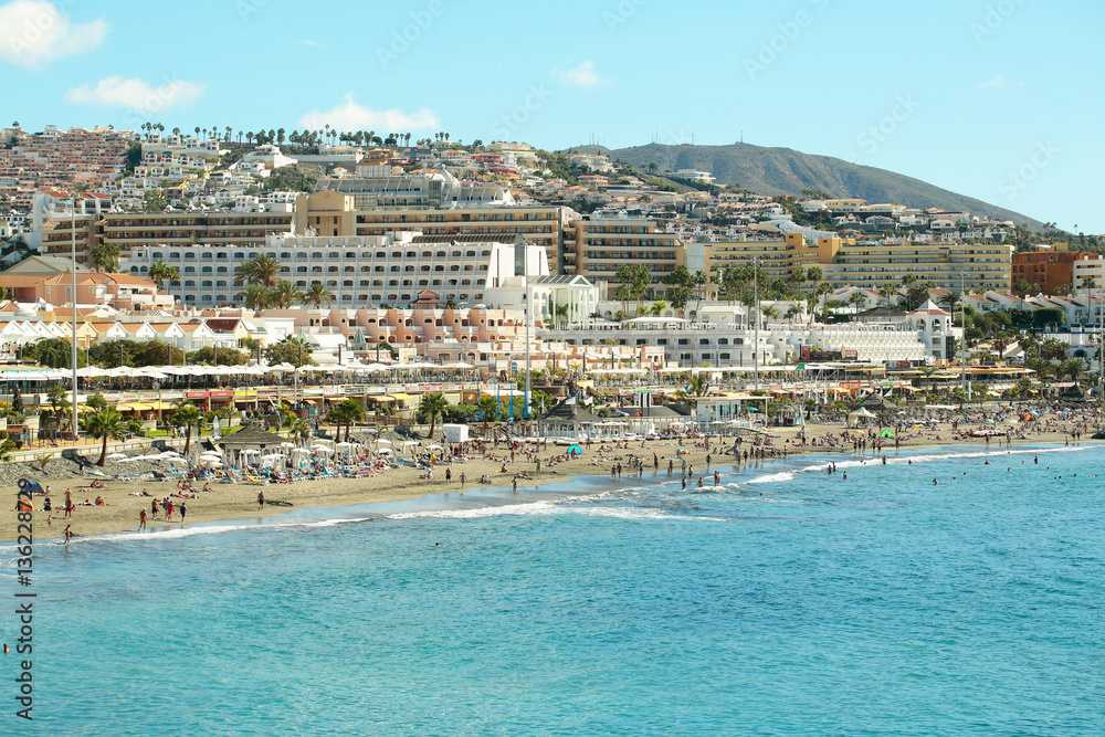 Beautiful resort town with hotels and buildings at sea shore