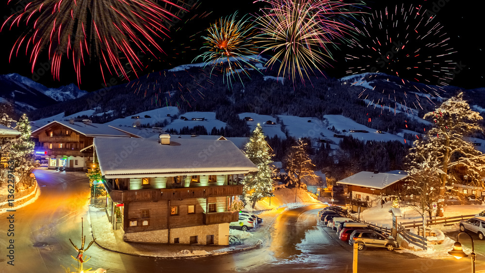 fireworks in alpine scenery StockFoto Adobe Stock