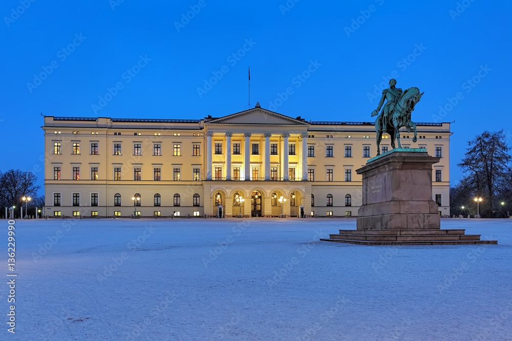 Royal Palace and equestrian statue of Karl XIV Johan in Oslo in dusk, Norway